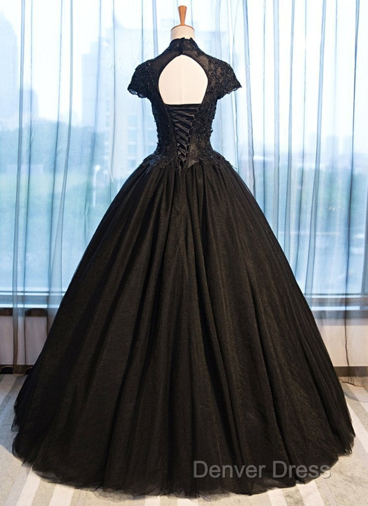Beautiful Black Cap Sleeves Long Tulle Party Dresses, Black Prom Dresses