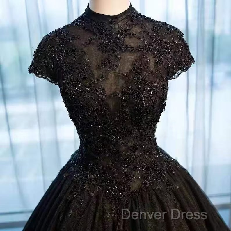 Beautiful Black Cap Sleeves Long Tulle Party Dresses, Black Prom Dresses
