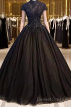 Beautiful Black Cap Sleeves Long Tulle Party Dresses, Black Prom Dresses