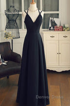 Beautiful Black Chiffon Straps Long A-Line Junior Prom Dresses, Black Party Gowns