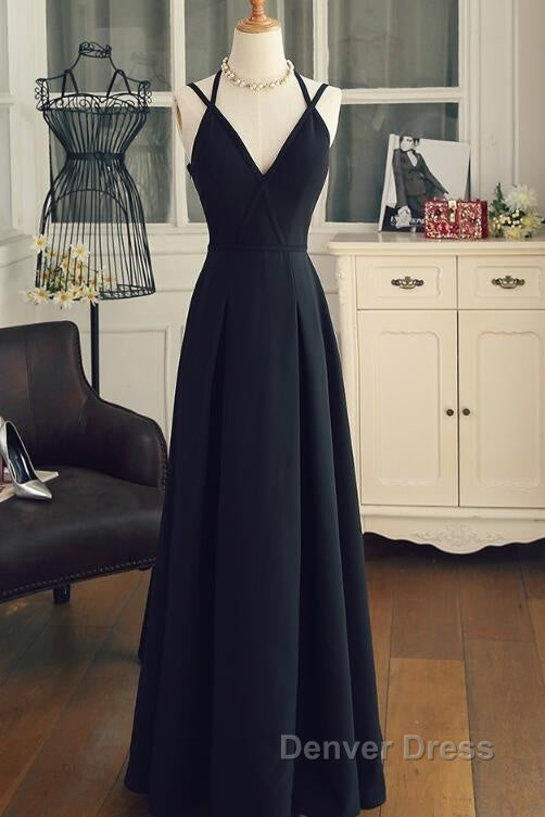 Beautiful Black Chiffon Straps Long A-Line Junior Prom Dresses, Black Party Gowns