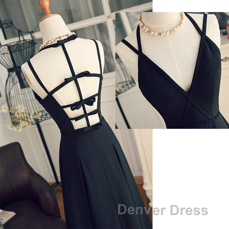 Beautiful Black Chiffon Straps Long A-Line Junior Prom Dresses, Black Party Gowns