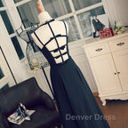 Beautiful Black Chiffon Straps Long A-Line Junior Prom Dresses, Black Party Gowns