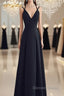 Beautiful Black Chiffon Straps Long A-Line Junior Prom Dresses, Black Party Gowns