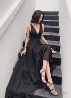Beautiful Black Chiffon V-Neckline Long Party Dress, Black Cross Back Prom Dresses