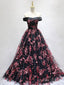 Beautiful Black Long Floral Lace Party Dress, Off Shoulder Prom Dress