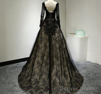 Beautiful Black Long Sleeves Lace Prom Dress, Black Evening Gown