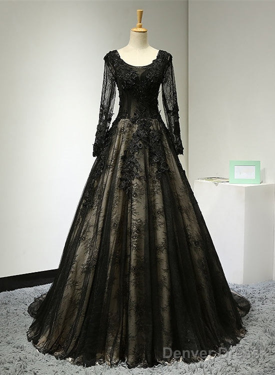 Beautiful Black Long Sleeves Lace Prom Dress, Black Evening Gown Main image