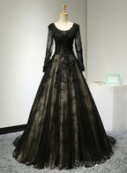 Beautiful Black Long Sleeves Lace Prom Dress, Black Evening Gown