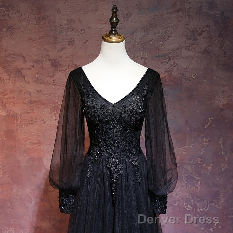 Beautiful Black Long Sleeves V-Neckline Evening Dress, Black Prom Dress