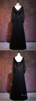 Beautiful Black Long Sleeves V-Neckline Evening Dress, Black Prom Dress