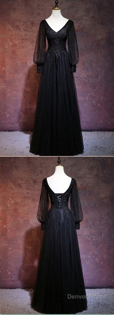 Beautiful Black Long Sleeves V-Neckline Evening Dress, Black Prom Dress