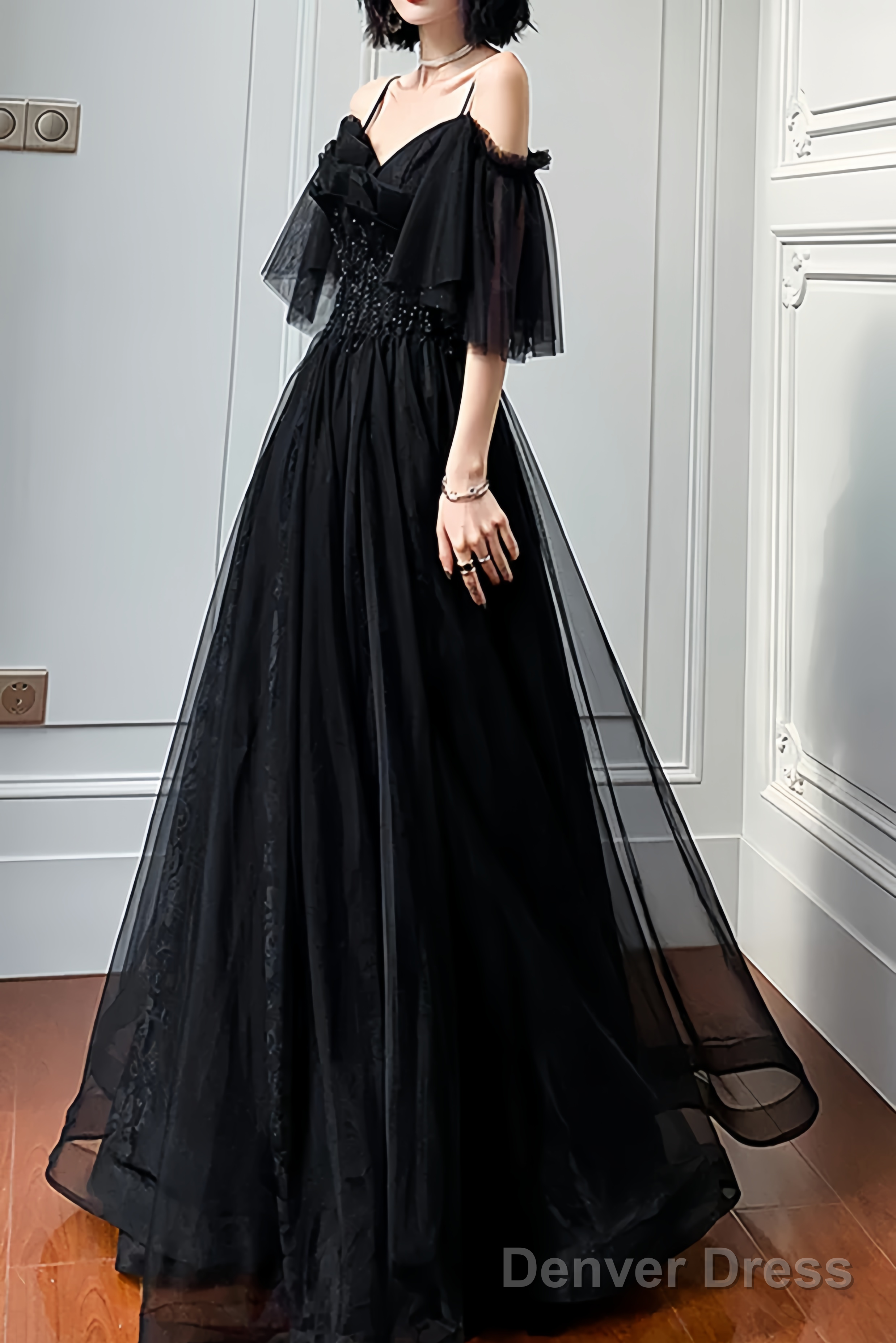 Beautiful Black Off the Shoulder Evening Dress Prom Dresses – Denver Dress
