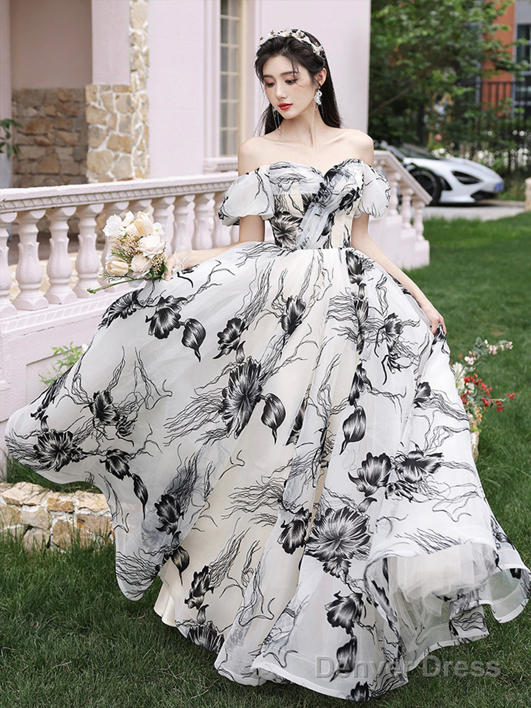 Beautiful Black Print A-Line Princess Dresses With Bow Secondary image