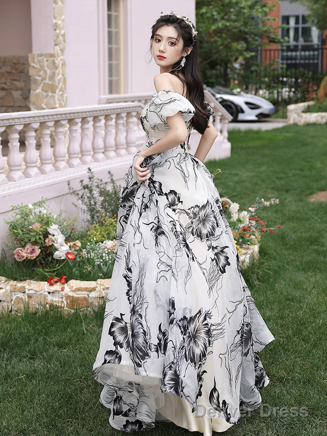 Beautiful Black Print A-Line Princess Dresses With Bow