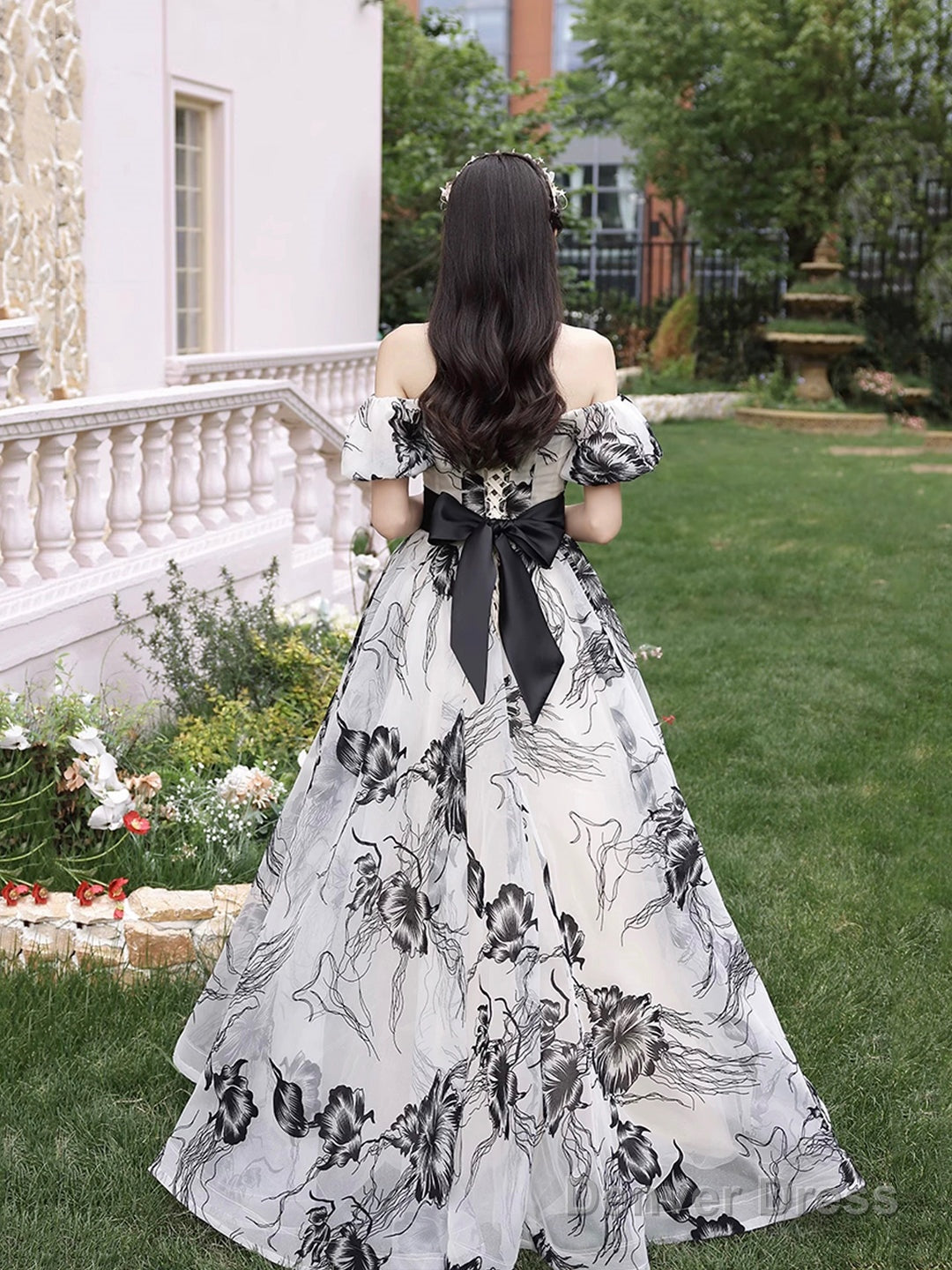 Beautiful Black Print A-Line Princess Dresses With Bow