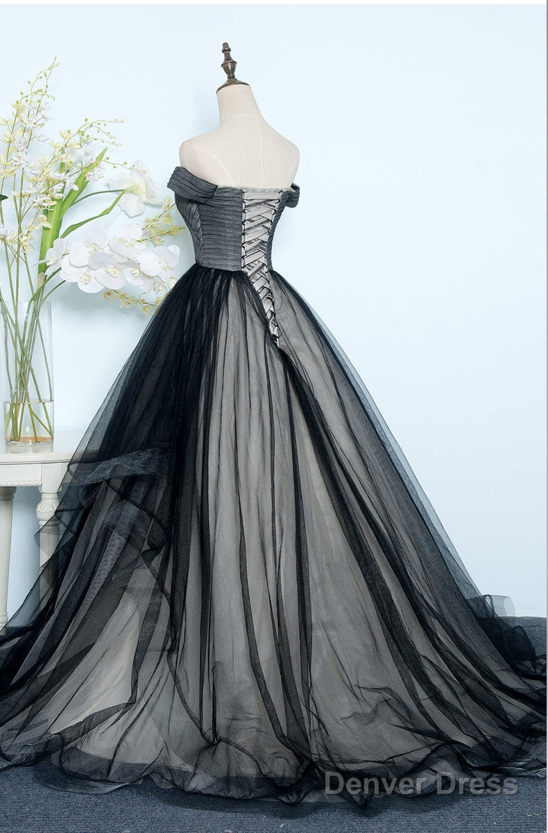 Beautiful Black Tulle Off Shoulder Floor Length Gowns, Black Prom Dresses