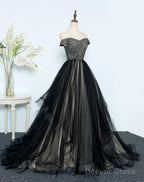 Beautiful Black Tulle Off Shoulder Floor Length Gowns, Black Prom Dresses