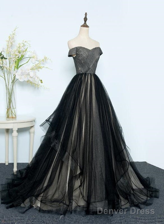 Beautiful Black Tulle Off Shoulder Floor Length Gowns, Black Prom Dresses Main image