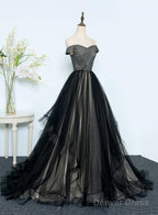 Beautiful Black Tulle Off Shoulder Floor Length Gowns, Black Prom Dresses