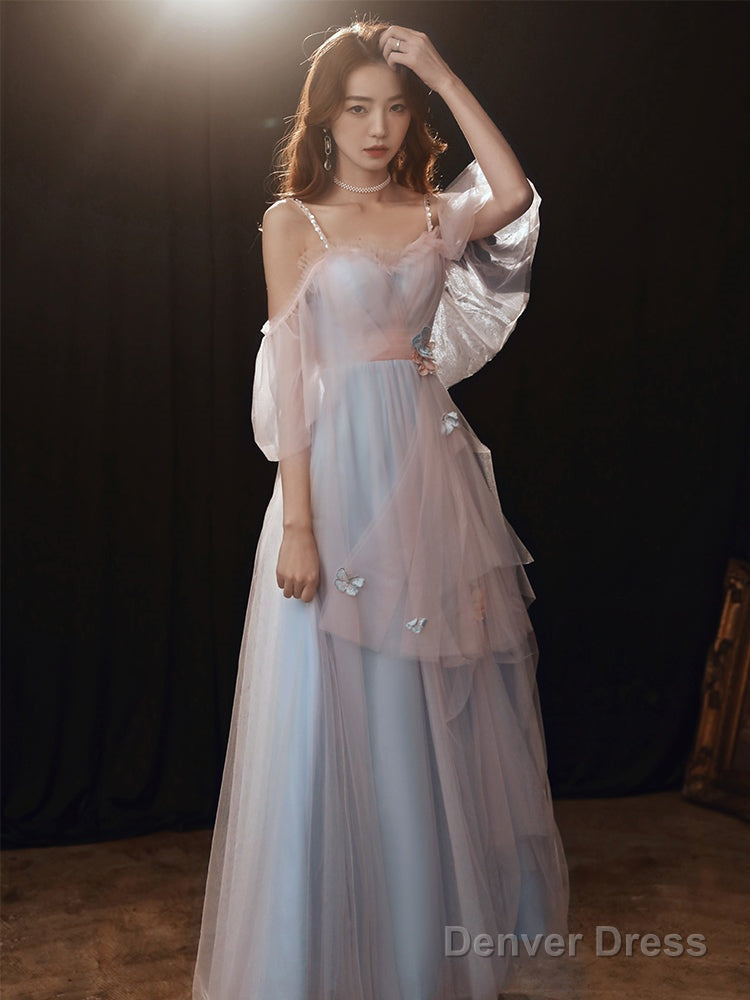 Beautiful Blue And Pink Tulle Long Prom Dress, A-Line Cute Prom Gowns Secondary image