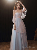 Beautiful Blue And Pink Tulle Long Prom Dress, A-Line Cute Prom Gowns