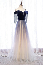 Beautiful Blue Gradient Tulle Long Prom Dress,A-Line Off Shoulder Prom Dresses