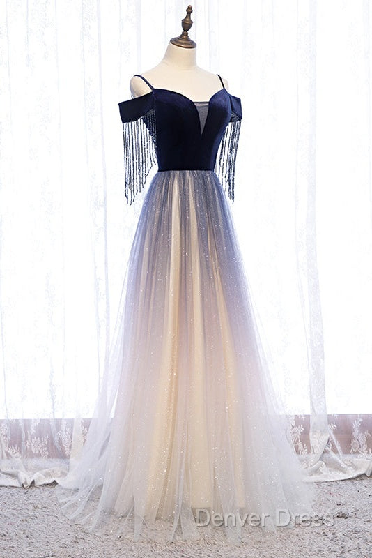 Beautiful Blue Gradient Tulle Long Prom Dress,A-Line Off Shoulder Prom Dresses