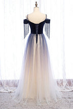 Beautiful Blue Gradient Tulle Long Prom Dress,A-Line Off Shoulder Prom Dresses