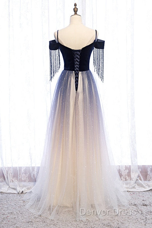 Beautiful Blue Gradient Tulle Long Prom Dress,A-Line Off Shoulder Prom Dresses