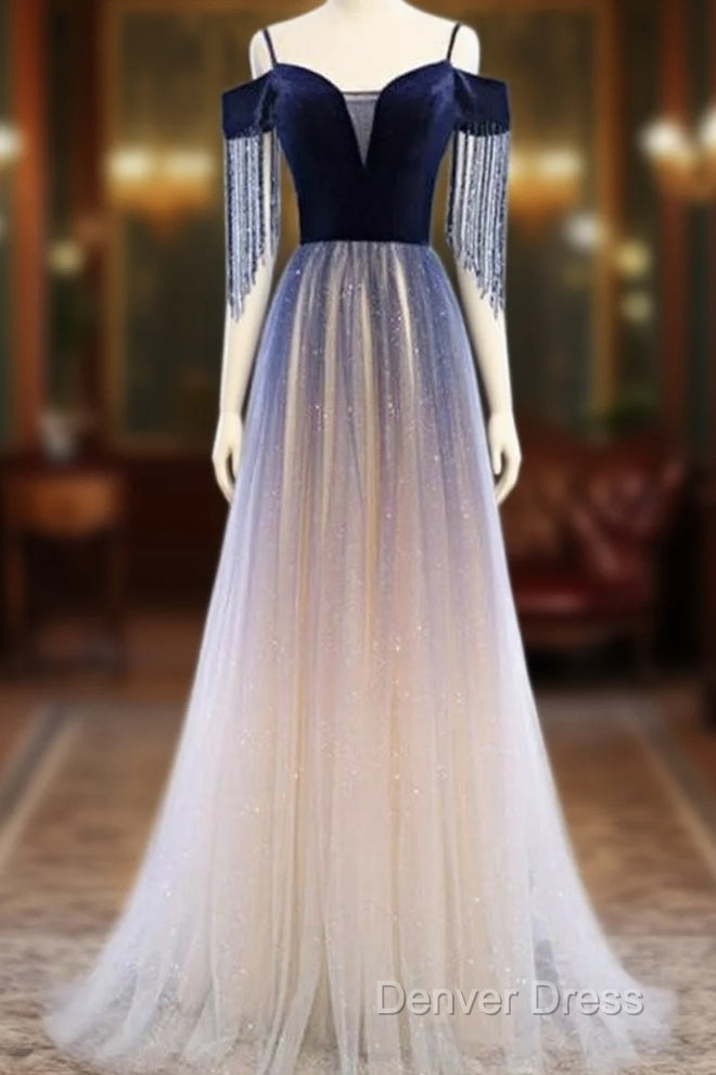Beautiful Blue Gradient Tulle Long Prom Dress,A-Line Off Shoulder Prom Dresses Main image