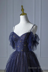 Beautiful Blue Gradient Tulle Long Prom Dress, Spaghetti Strap Evening Dress