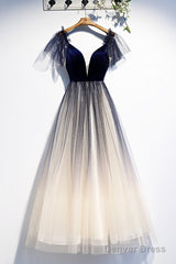 Beautiful Blue Gradient Tulle Short Sleeves Party Dresses, Blue Evening Dress Prom Dresses