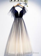 Beautiful Blue Gradient Tulle Short Sleeves Party Dresses, Blue Evening Dress Prom Dresses