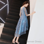 Beautiful Blue High Low Party Dress Homecoming Dress, Blue Lace Prom Dress