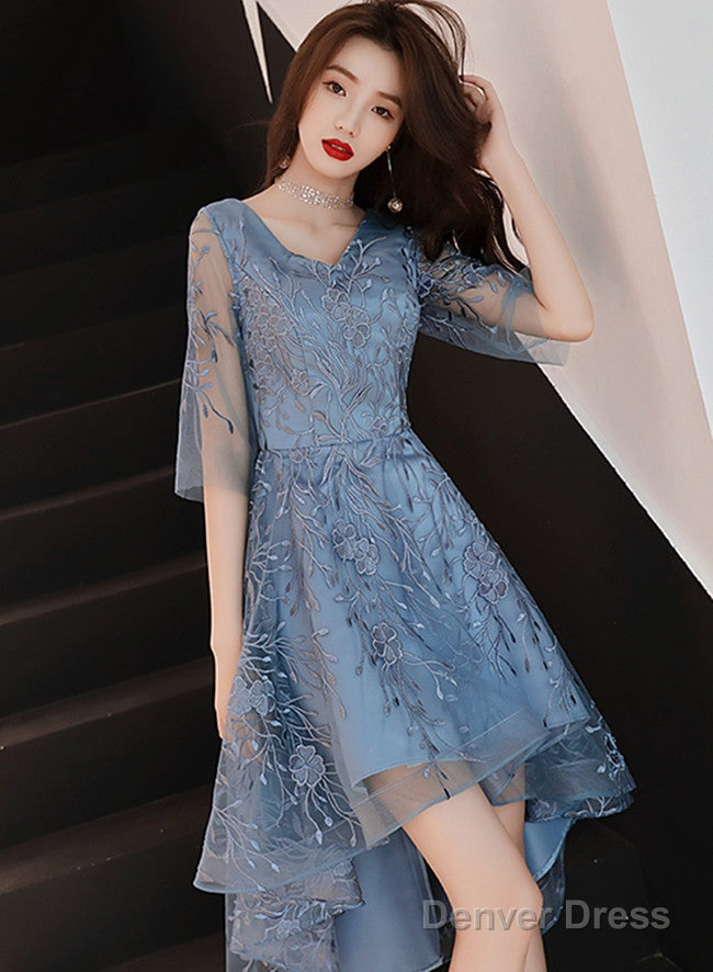 Beautiful Blue High Low Prom Dress Homecoming Dress, Blue Lace Prom Dresses