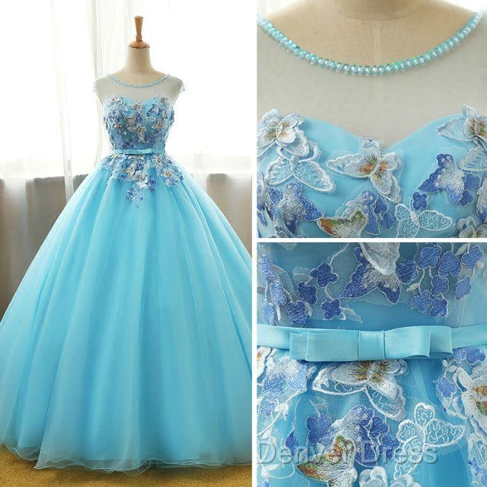 Beautiful Blue Round Long Prom Dress,Ball Gowns Lace Applique Sweet 16 Dresses