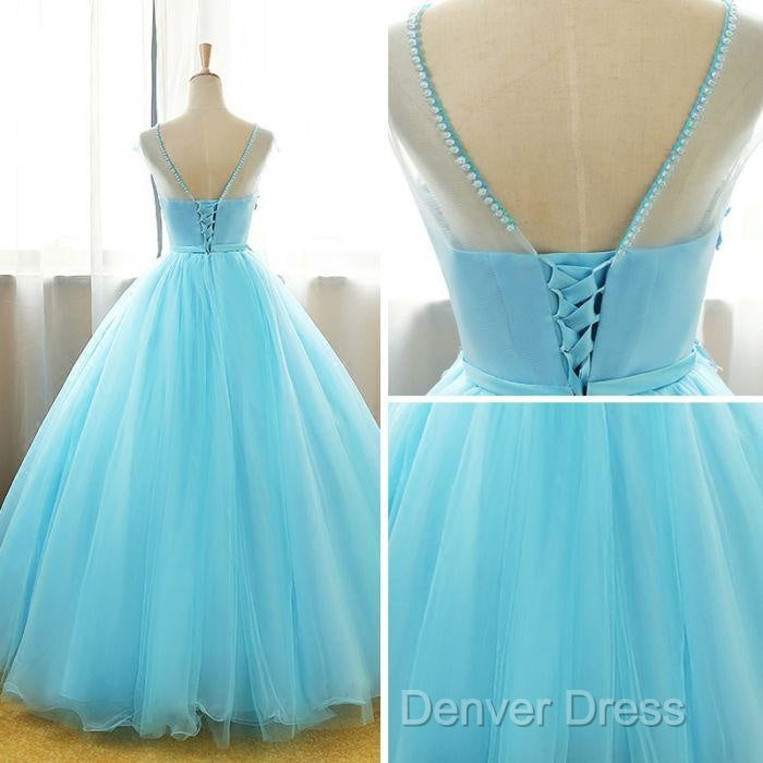 Beautiful Blue Round Long Prom Dress,Ball Gowns Lace Applique Sweet 16 Dresses