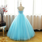 Beautiful Blue Round Long Prom Dress,Ball Gowns Lace Applique Sweet 16 Dresses