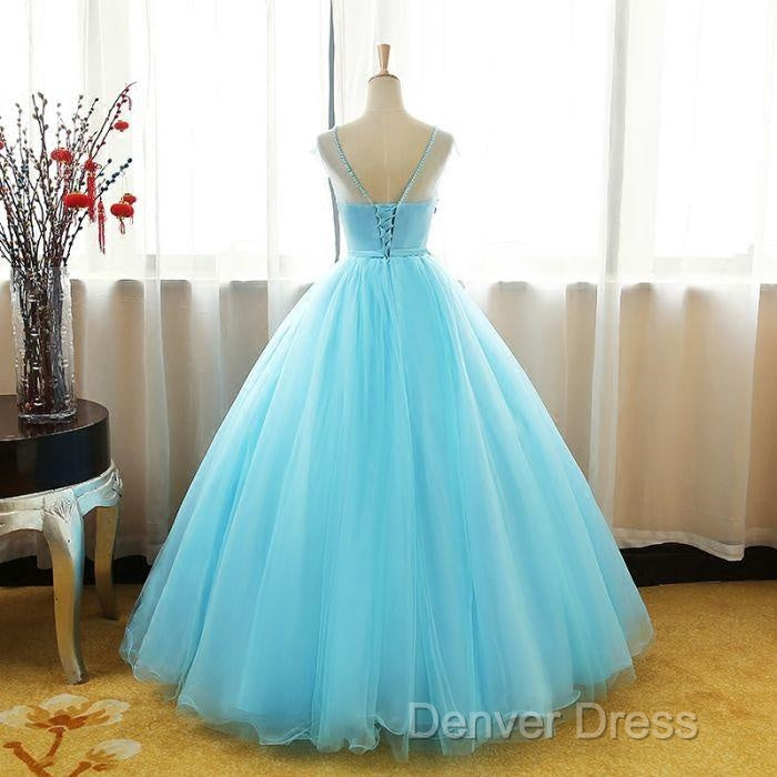 Beautiful Blue Round Long Prom Dress,Ball Gowns Lace Applique Sweet 16 Dresses
