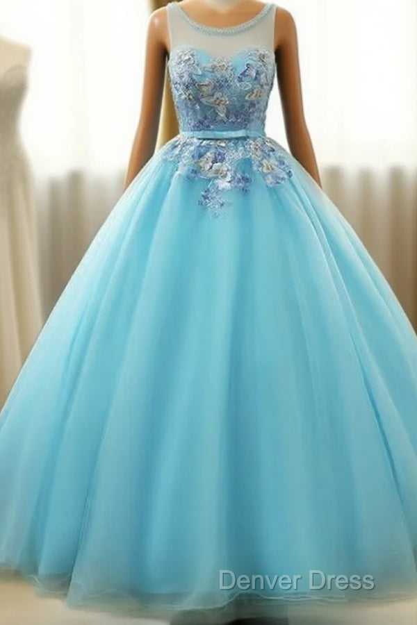 Beautiful Blue Round Long Prom Dress,Ball Gowns Lace Applique Sweet 16 Dresses Main image