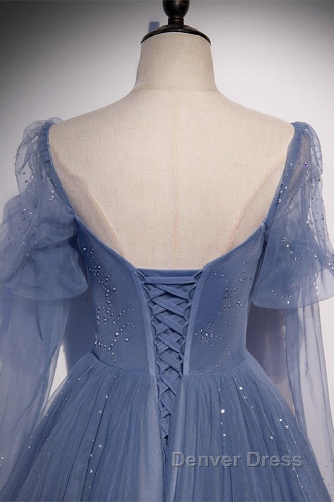 Beautiful Blue Sheer Beaded Long Prom Dress, A Shaped Long Sleeved Backless And Floor Length Prom Dresses