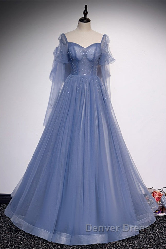 Beautiful Blue Sheer Beaded Long Prom Dress, A Shaped Long Sleeved Backless And Floor Length Prom Dresses