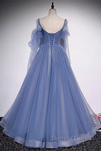 Beautiful Blue Sheer Beaded Long Prom Dress, A Shaped Long Sleeved Backless And Floor Length Prom Dresses