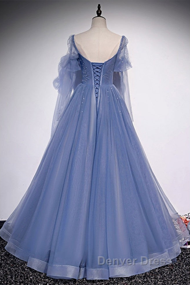 Beautiful Blue Sheer Beaded Long Prom Dress, A Shaped Long Sleeved Backless And Floor Length Prom Dresses