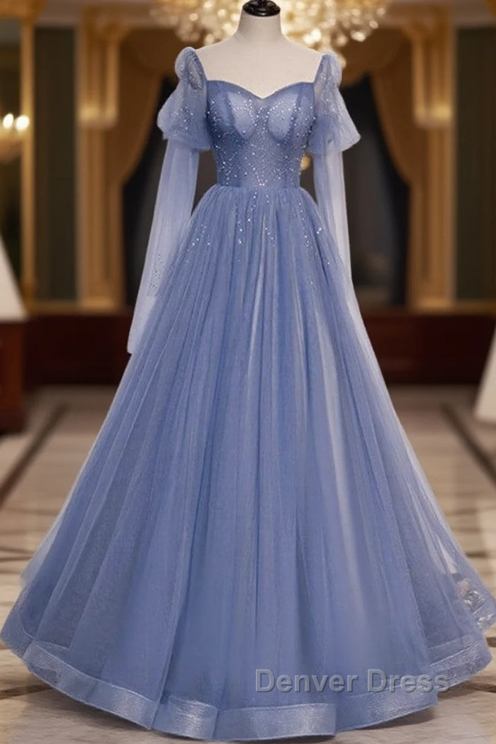 Beautiful Blue Sheer Beaded Long Prom Dress, A Shaped Long Sleeved Backless And Floor Length Prom Dresses Main image