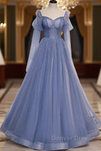 Beautiful Blue Sheer Beaded Long Prom Dress, A Shaped Long Sleeved Backless And Floor Length Prom Dresses
