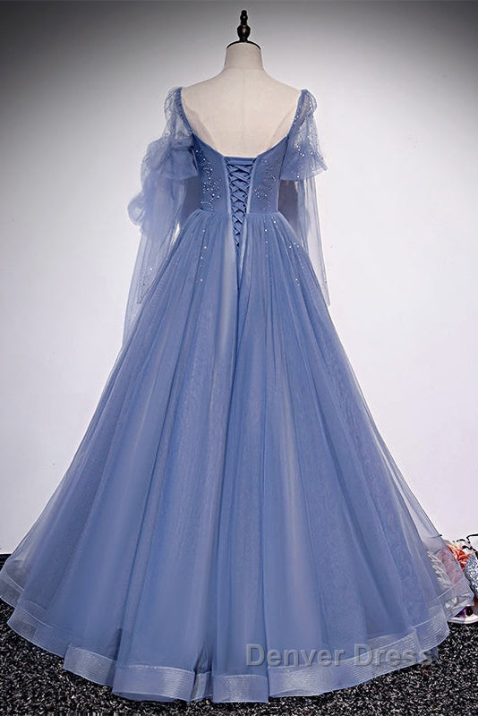 Beautiful Blue Tulle Beaded Long Formal Dresses Party Dresses, A-Line Wedding Party Dresses