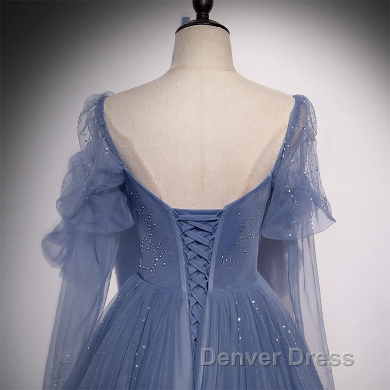 Beautiful Blue Tulle Beaded Long Formal Dresses Party Dresses, A-Line Wedding Party Dresses