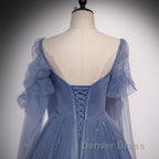 Beautiful Blue Tulle Beaded Long Prom Dress Prom Dress, A-Line Wedding Prom Dresses